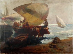 Playa escena con figuras y toros  av Joaquín Sorolla